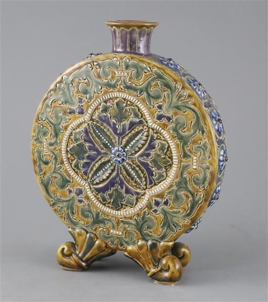 Eliza Simmance for Doulton Lambeth, an unusual moonflask, probably dated 1879, 21.5cm, rim restored